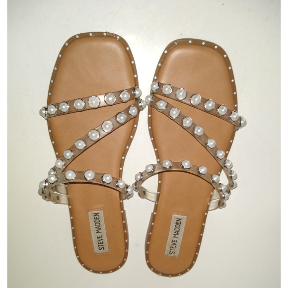 Steve Madden Women's Skyler Flat Sandal Clear Pearl 7.5 - Picture 1 of 8